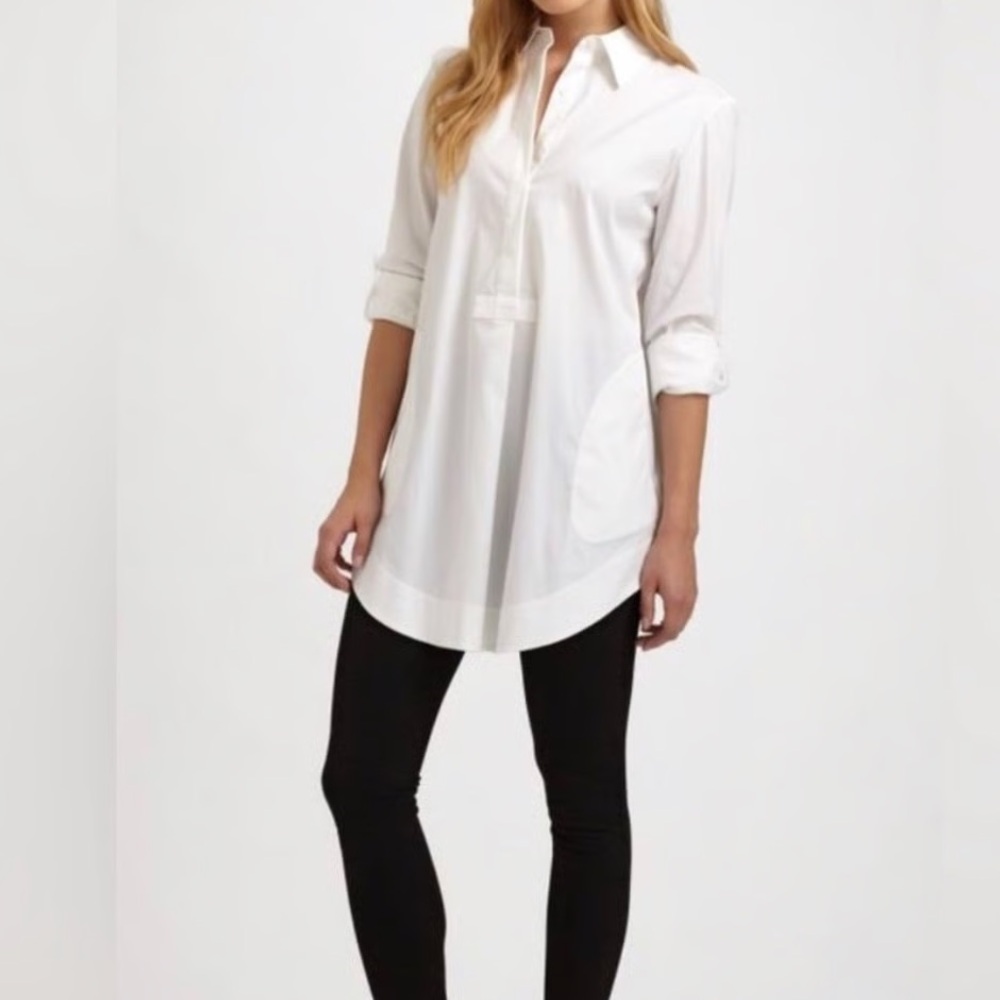 Lafayette 148 White Long Sleeve Tunic Top with Pockets-Size 8